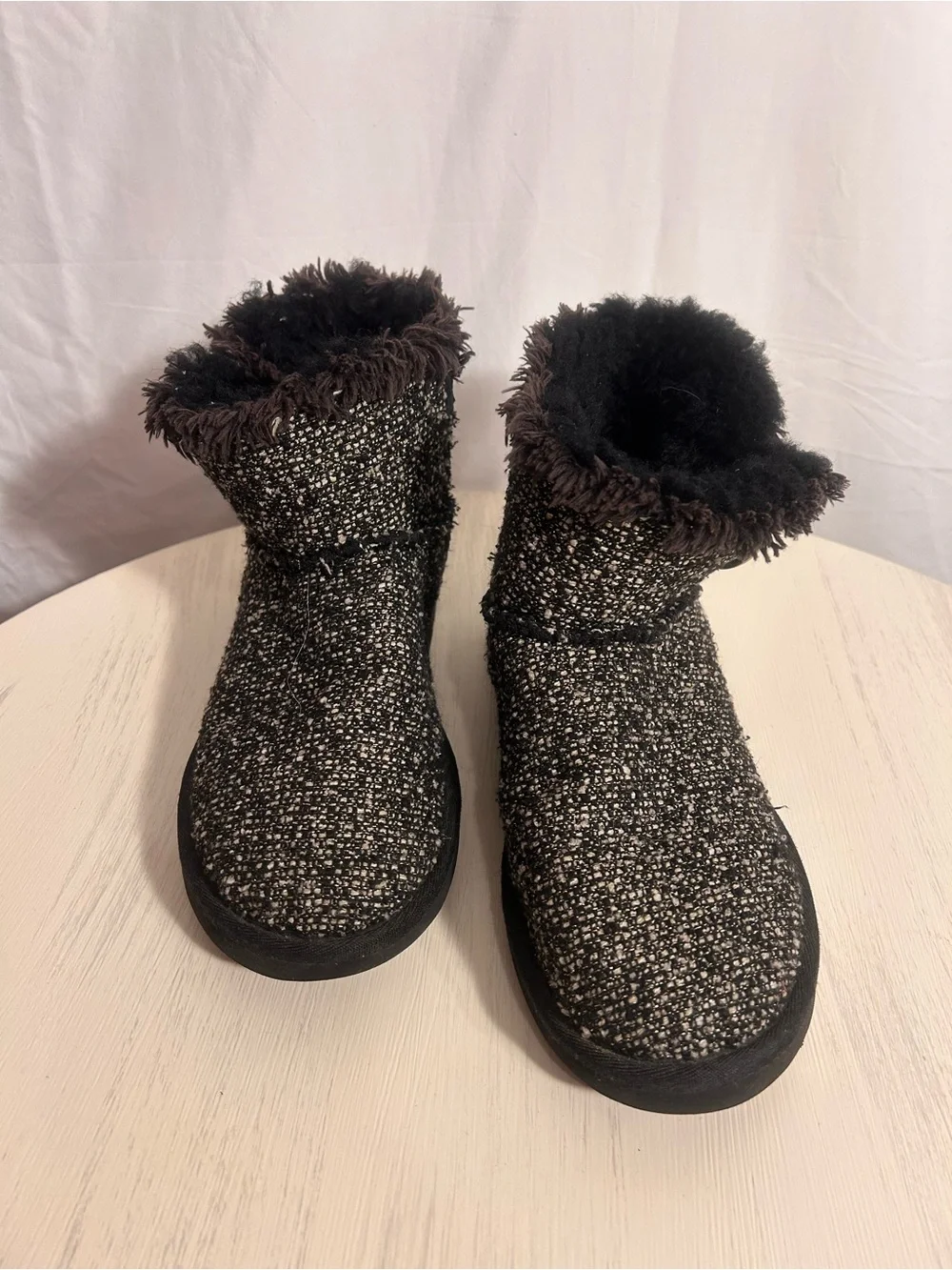 UGG Black Tweed Faux Fur Cuff Ankle Boots with Button Accent